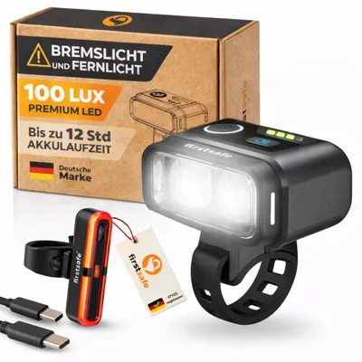 Produktbild von firstsafe® Fahrradlicht Set Front- & Rücklicht mit Fernlicht, Bremslicht & Akku