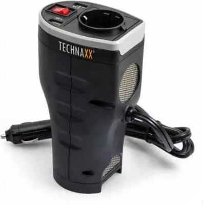 Productafbeelding van TECHNAXX omvormer voor auto's, 12V naar 230V, met Schuko-aansluiting, oververhittingsbeveiliging
