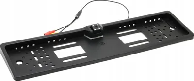 A black license plate frame with an integrated backup camera.
