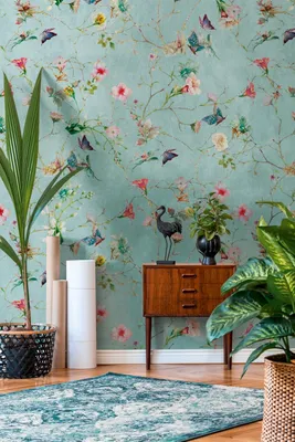 Produktbild von NEWROOM Tapete Türkis Vliestapete Blumen - Wandbild Floral Grün Rosa Blätter Schmetterlinge Tapete Romantisch Blumentapete