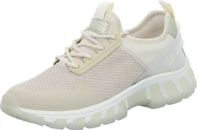 A single beige and gold sneaker is shown against a white background.