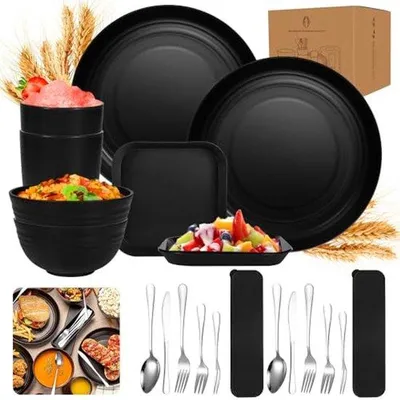 Produktbild von Ultiluxe Camping Geschirrset - 20 Teile - Picknick Geschirr - Camping Besteck Set - 2 Personen - Outdoor Geschirr - Wiederverwendbar - Unzerbrechlich