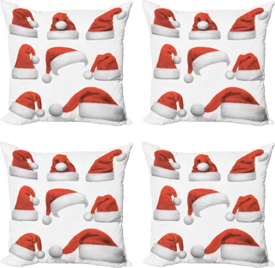 Produktbild von ABAKUHAUS Weihnachten Kissenbezug Set (4 Stück), Sankt-Hüte Muster, Moderner Doppelseitiger Digitaldruck, 45 cm x 45 cm, Rot und weiß
