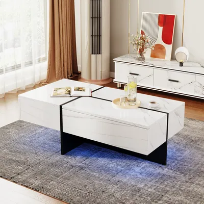 A modern living room with a white marble-effect coffee table with LED lighting, a TV stand, curtains, and a floor lamp.