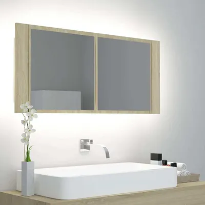 Obrázok produktu pre The Living Store LED kúpeľňová zrkadlová skrinka Sonoma dub 100x12x45 cm akryl