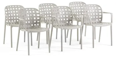 Produktbild von Set mit 6 stapelbaren Gartenstühlen mit Armlehnen aus Polypropylen mit Glasfaser in Flechtoptik robust für Terrasse, Garten, Balkon, Bar, Restaurant - Rebecca