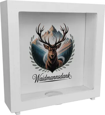 Produktbild von Waidmannsdank Hirsch vor Bergkulisse Rahmen Spardose aus Holz für Jäger