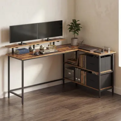 Produktbild von VASAGLE Eckcomputertisch mit Monitorständer, L-förmiger Arbeitstisch, 2 Schubladen, höhenverstellbar, 155 x 105 cm, braun