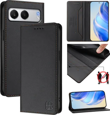 Produktbild von Lederhülle für OnePlus Nord 4 Hülle Flip Brieftasche Kartenfächern Ständer Schutzhülle Schwarz