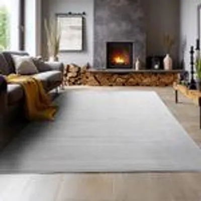 A living room scene with a fireplace, sofa, and a large rug.