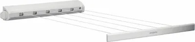 A white retractable clothesline mounted on a wall, with lines extended to a wall mount.