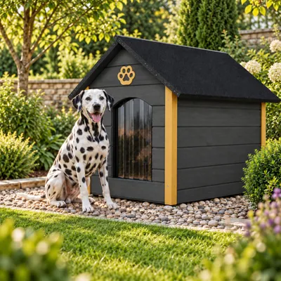 Produktbild von QLS Hundehütte 104x74 cm Größe XL isoliert aus Holz für draußen Grau-Honig 9073, KI-generiertes Bild