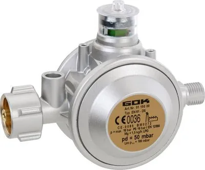 A close-up studio shot of a gas pressure regulator.