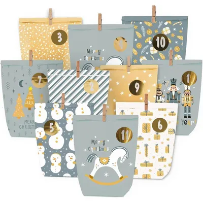 Productafbeelding van Adventskalender. Adventszakjes. Bedrukt met 24 cijfers. Blauw