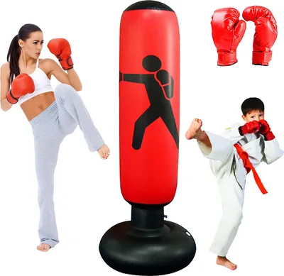 Produktbild von Boxsack Set 160cm Stehend Aufblasbare Boxsäcke mit Boxhandschuhen, Standboxsäcke Fitness Dekompression Kick Kampftraining Rot