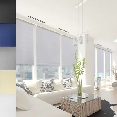 A collage of fabric swatches and a living room scene with large windows and roller blinds.