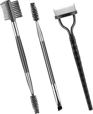 Produktbild von Wimperbürsten Set, 3-teilig, mit Metallwimperntrenner, Wimpernkamm und gebogener Augenbrauenbürste, für