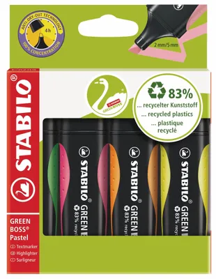 Produktbild von Umweltfreundlicher Textmarker - STABILO GREEN BOSS - 4er Pack - grün, rosa, orange, gelb