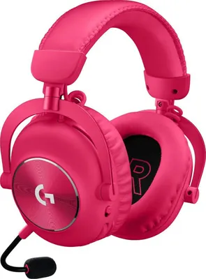 A pink Logitech gaming headset is shown against a white background.