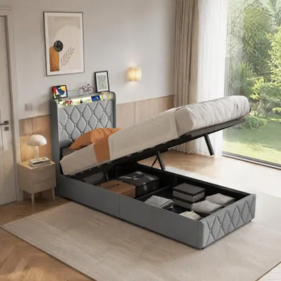 Produktbild von INONEFT Polsterbett 90x200 cm mit Bettkasten, Jugendbett mit LED und Steckdosen, Einzelbett mit Lattenrost und Stauraum Kopfteil, Samt, Dunkelgrau