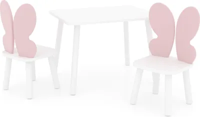 Produktbild von DEKORMANDA – Kindertisch mit Stühlen – Kinderzimmermöbel – Schmetterlingsflügelstühle für kleine Tierliebhaber – weißer Kindertisch 65 x 50 cm mit 2 Stühlen – Tischset und zwei Stühle für Kinder, ideal zum Lernen und Spielen