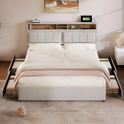 Produktbild von Doppelbett mit  4 Schubladen& USB C Steckdose, Polsterbett 160x200cm, Höhenverstellbarem Kopfteil, Lattenrost aus HolzOhne Matratze