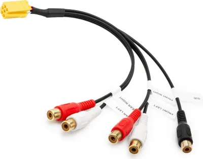 A product image of an audio adapter cable with RCA connectors and a yellow connector.
