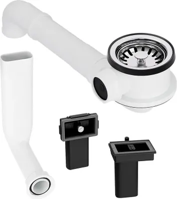 A collection of plumbing parts for a kitchen sink drain.