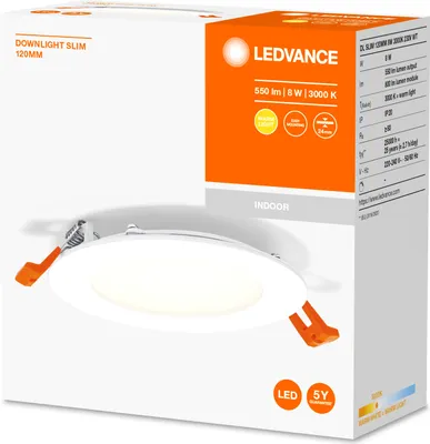 The image shows the packaging of a downlight slim LED lamp, with the product itself partially visible.