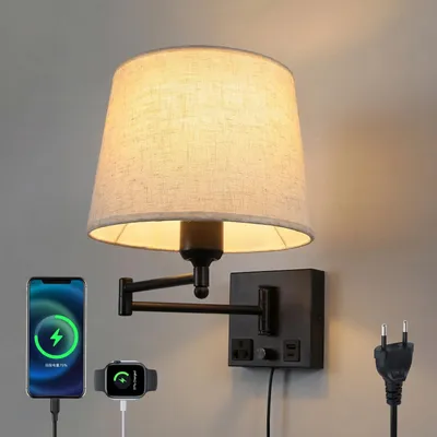 Wandleuchte mit Stoffschirm, USB-A & USB-C, Steckdose, Drehdimmer
