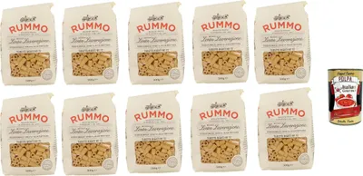Produktbild von Rummo Tubetti rigati n° 72 Pasta Lenta Lavorazione Teigwaren aus Hartweizengrieß Bronze-Zeichnung 10x 500g + Italian Gourmet polpa 400g