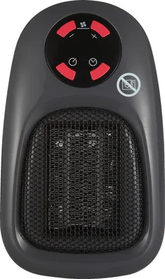 A front view of a gray plug-in electric heater against a white background.