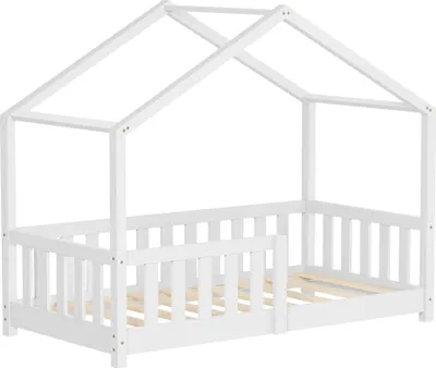 Produktbild von ML-Design Kinderbett Hausbett 70x140 cm Weiß, Holzbett mit Rausfallschutz Lattenrost und Dach Spielbett aus massivem Kiefernholz für Kinder Bodenbett