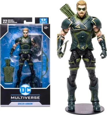 A DC Multiverse Green Arrow action figure in its packaging and displayed on a stand.