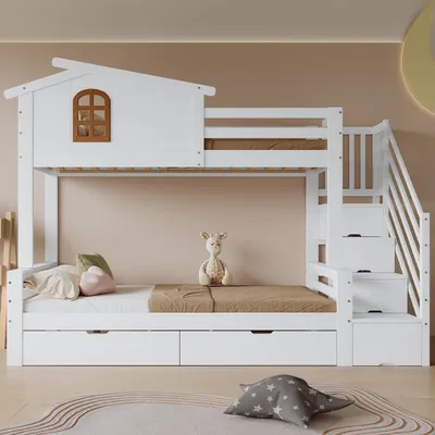 Produktbild von Sweiko Etagenbett, Kinderbett, Zwei Schubladen mit Rollen, Exquisite Schöne Fenster, Eck-Leiterschrank, Stabile Lattenroste, Kiefer + MDF + Sperrholz, Weiß+Natur, 90x200cm&120x200cm