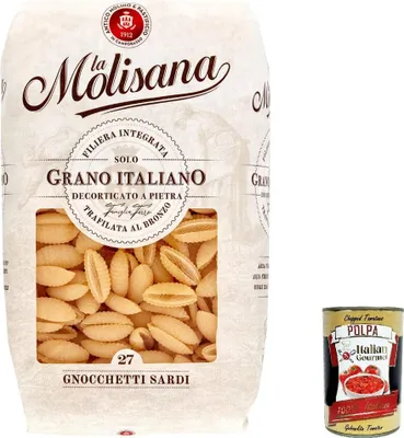 Produktbild von 20x La Molisana Gnocchetti sardi N. 27 Pasta Lenta Lavorazione Teigwaren aus Hartweizengrieß Bronze-Zeichnung 500g + Italian Gourmet Polpa 400g