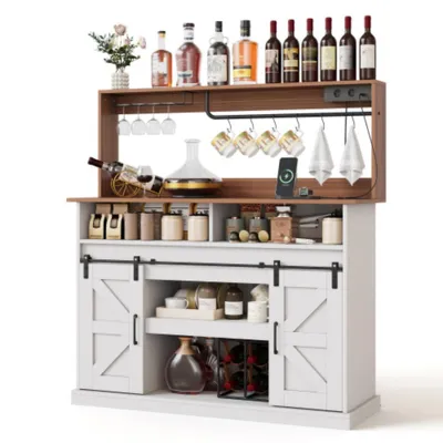 Obrázok produktu pre Príborník, kávový bar s držiakom na sklo a zásuvkami (2×AC, 2×USB), príborník s úložným priestorom s posuvnými dverami 120 cm