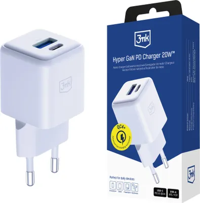 Image de 3mk Chargeurs rapides 3mk Hyper GaN Charger 20W QC4+ PD PPS USB 1A1C Blanc