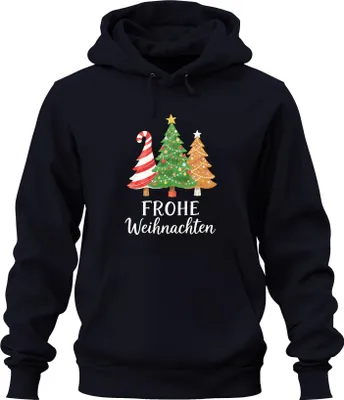 Produktbild von FROHE Weihnachten Weihnachtsbaum Tannenbaum Zuckerstange Lebkuche Uni Hoodie Kapuzenpullover, Navy, L