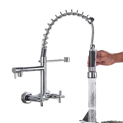 Obrázek produktu pro Nástěnná kuchyňská baterie, dvouručka s regulací teploty, elegantní mosazný design, chrom s přezkou