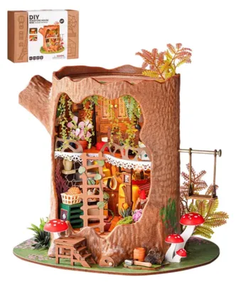 Produktbild von Zimilo DIY Puppenhaus Miniatur Bausatz aus Holz: Magisches Baumhaus mit LED-Beleuchtung, 3D Modellbau Diorama Set, Geschenk für Jugendliche