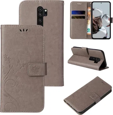 Produktbild von Handyhülle für Xiaomi Redmi Note 8 Pro Floral Blumen Schmetterling Flip Cover Hülle Case Klapphülle Handytasche Farbe: Grau