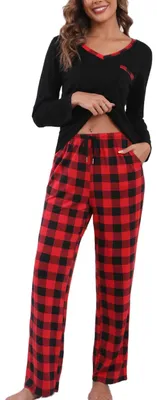 Immagine prodotto di Pigiama da donna a maniche lunghe con scollo a V e pantaloni a quadri
