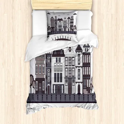 Produktbild von ABAKUHAUS Amsterdam Bettbezug Set, Geometrische und authentische Interpretation der Blick auf die Stadt, 135 x 200 cm + 80 x 80 cm, Taupe Grau Eggshell