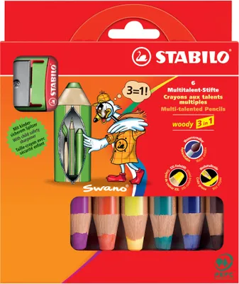 Produktbild von Buntstift, Wasserfarbe & Wachsmalkreide - STABILO woody 3 in 1 - 6er Pack mit Spitzer - mit 6 verschiedenen Farben
