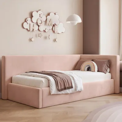 Produktbild von Eckbett Jugendbett Sampre 80x200 cm Puderrosa Rechts Velvet – Bettkasten, Metalllattenrost