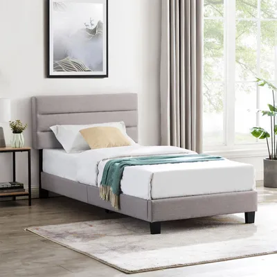 Produktbild von Polsterbett TUCSON 90x200 cm in grau, modernes Jugendbett inkl. Lattenrost, Einzelbett im skandinavischen Stil, bequemes gepolstertes Bett mit Rückenlehne und Kopfteil