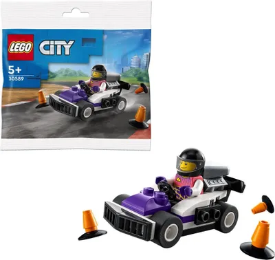 A LEGO City Go-Kart driver set shown in its packaging and as a built model.
