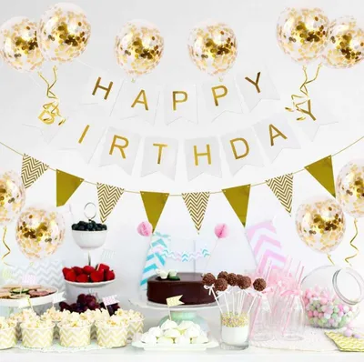 Produktbild von Geburtstagsdeko Set Weiß Happy Birthday Girlande mit 10 x Konfetti-Luftballons Geburtstag Deko Zubehör Partydekorationsset Für Damen/Herren/Kinder