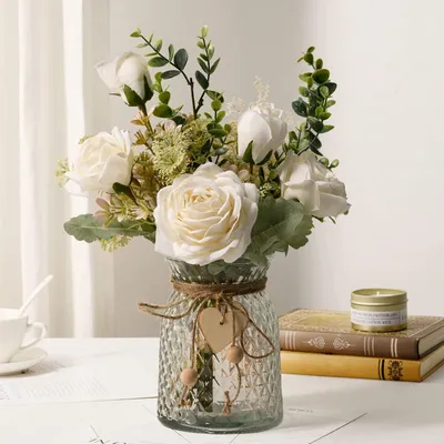 Kunstblumen mit Vase, Seidenrosen, 31,8 cm, weiß, für Tischdeko